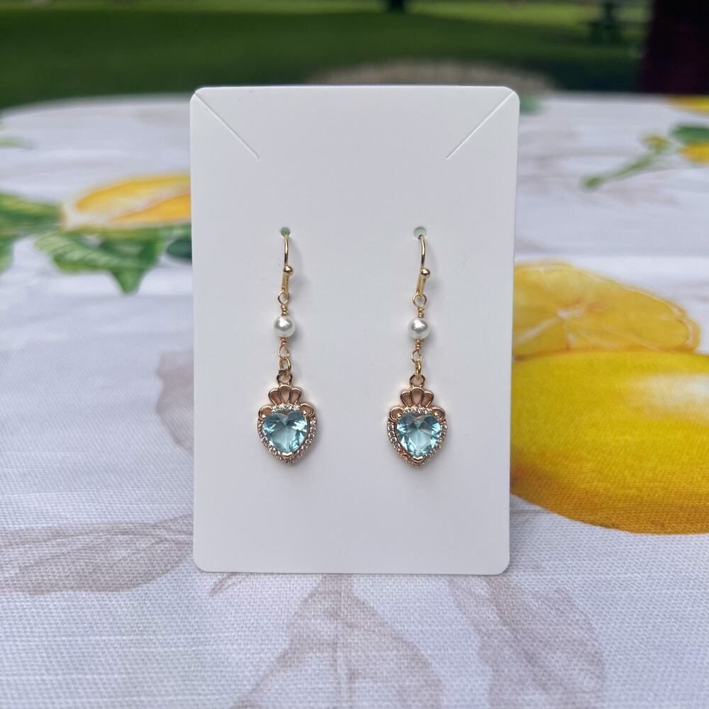 Aquamarine Crystal Glass Heart Crown Pearl Casual Cute Ice Blue Earrings